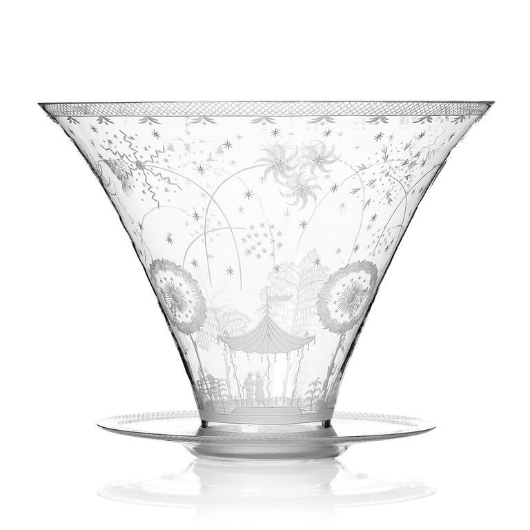 Edward Hald, a Swedish Grace "Fyrverkeri" (Fireworks) engraved glass bowl with a plate, Orrefors, Sweden, 1925, model 248.