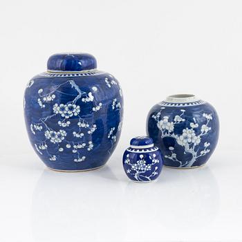 Three blue and white urns, China, 19th-20th century.