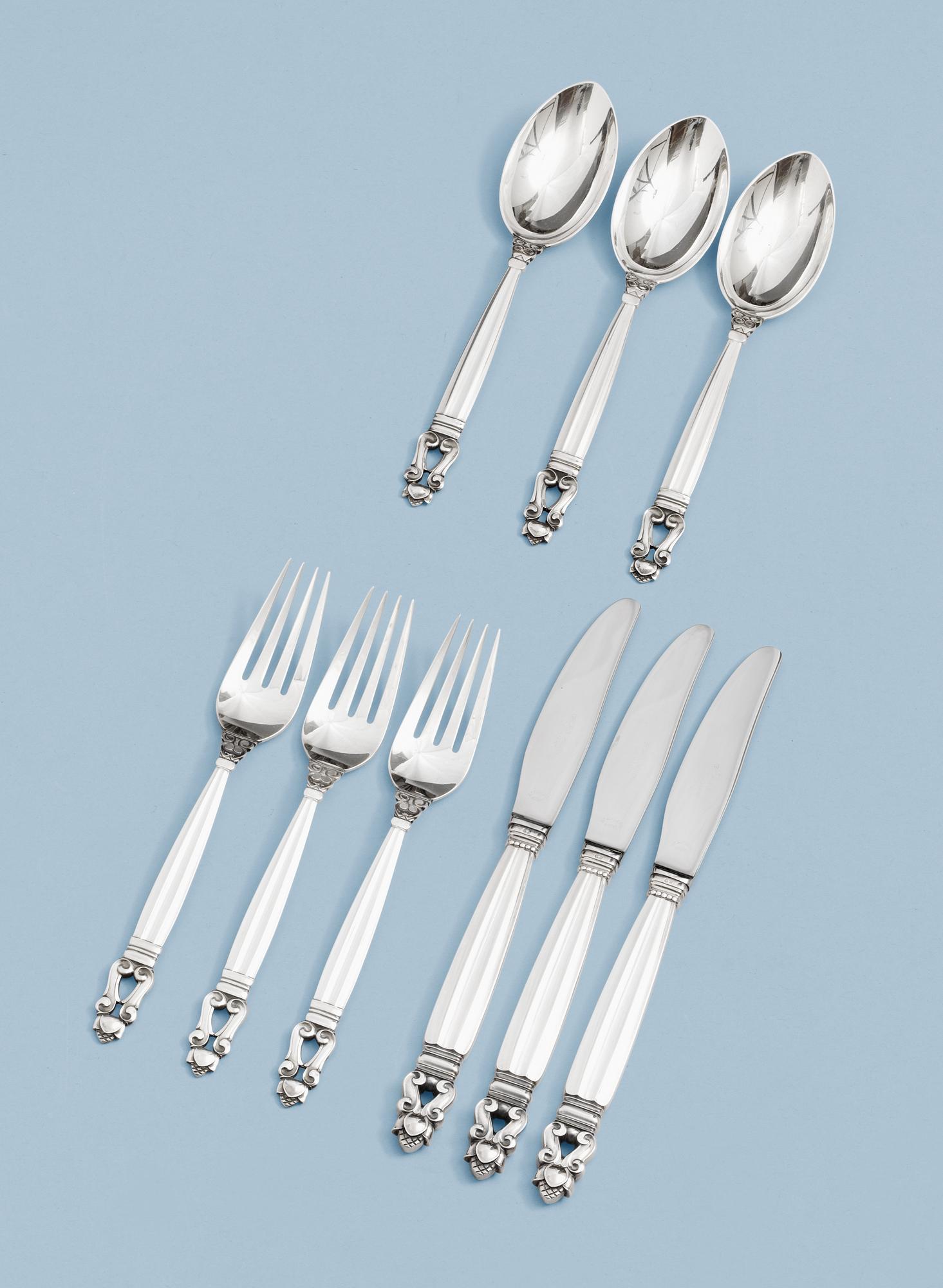 JOHAN ROHDE, bestickuppsättning 30 delar "Konge/Acorn", Georg Jensen, Köpenhamn 1945-77.