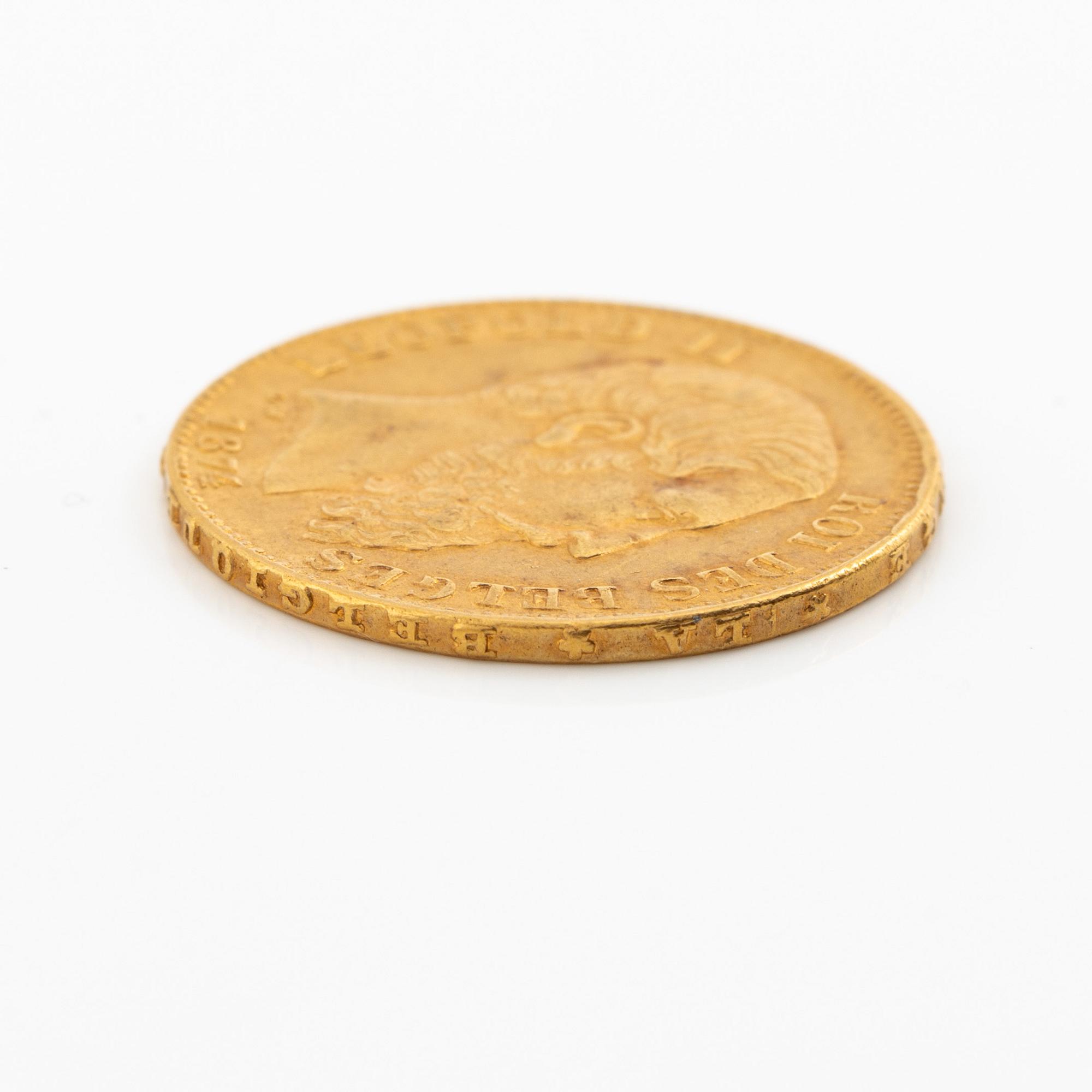 Gold coin, Belgium, Leopold II, 20 Franc, 1874.