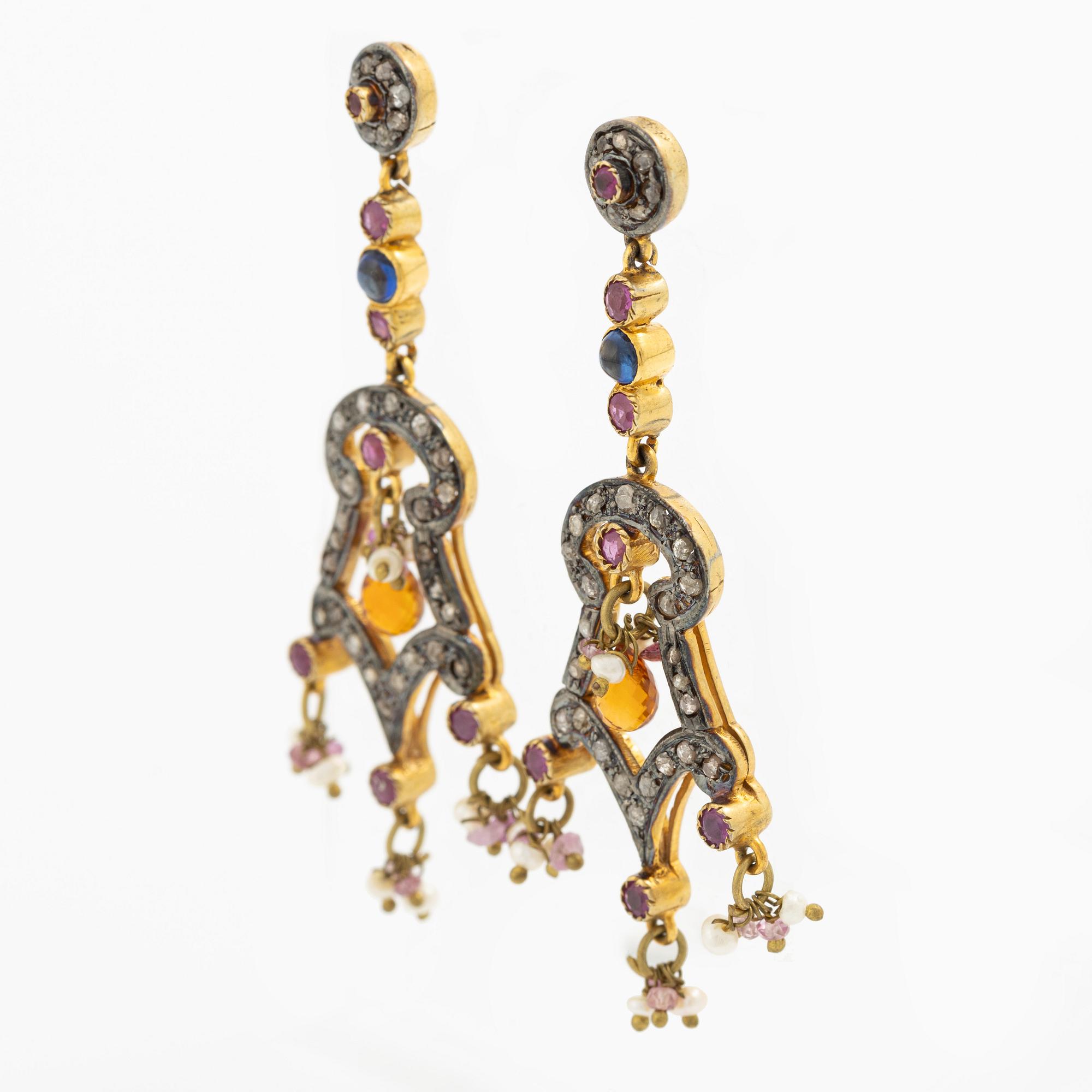 Earrings, a pair, gilded silver set with rubies, sapphires, citrine, seed pearls, and rose-cut diamonds.