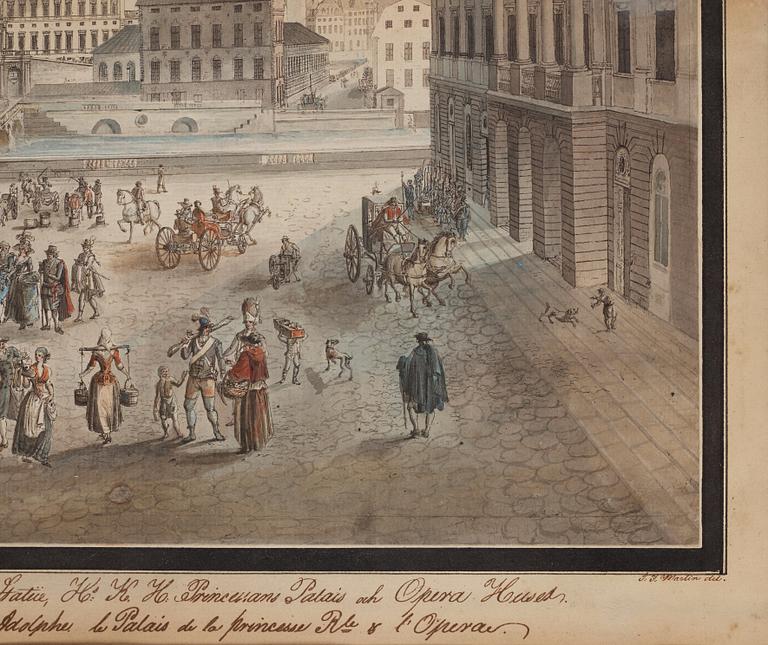 Johan Fredrik Martin, "Utsigt af Norrmalms Torg, Gustaf Adolphs Statue, Kongl Slottet, H.K. Höghets Prinsessans Palais samt Opera Huset".