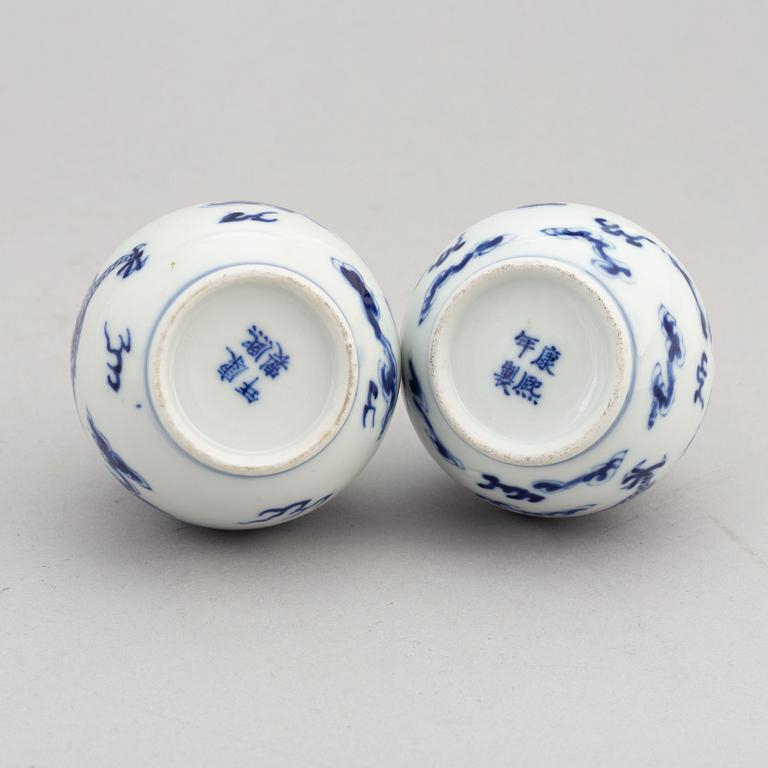 A pair of Chinese blue and white porcelain vases, presumably from around the year 1900.