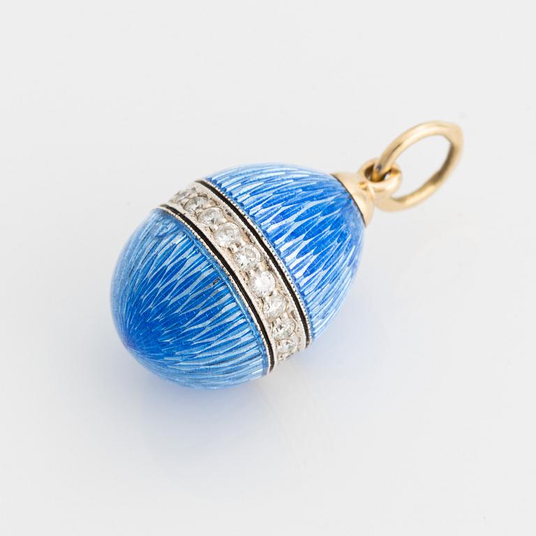 W.A Bolin, smyckeägg, med blå och svart emalj och gördel med briljantslipade diamanter.