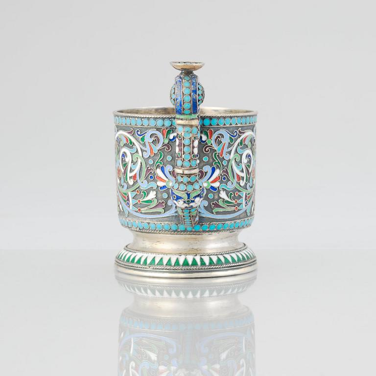 A Russian 19th Century silver-gilt and enamel tea-glass holder, unidentified makers mark, Moscow before 1899.