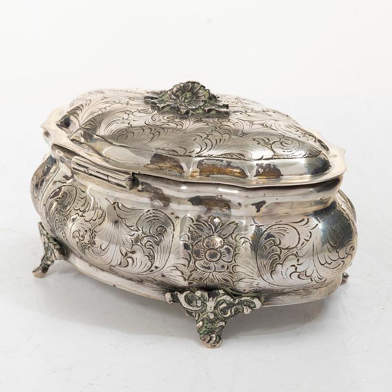 Sugar box, silver, Rococo style, Swedish import mark.