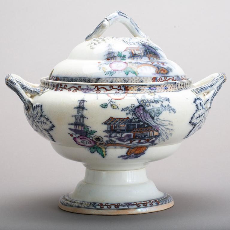 SOPPTERIN med LOCK, flintgods, möjligen modell "Japan", Rörstrand, 1800-talets slut.