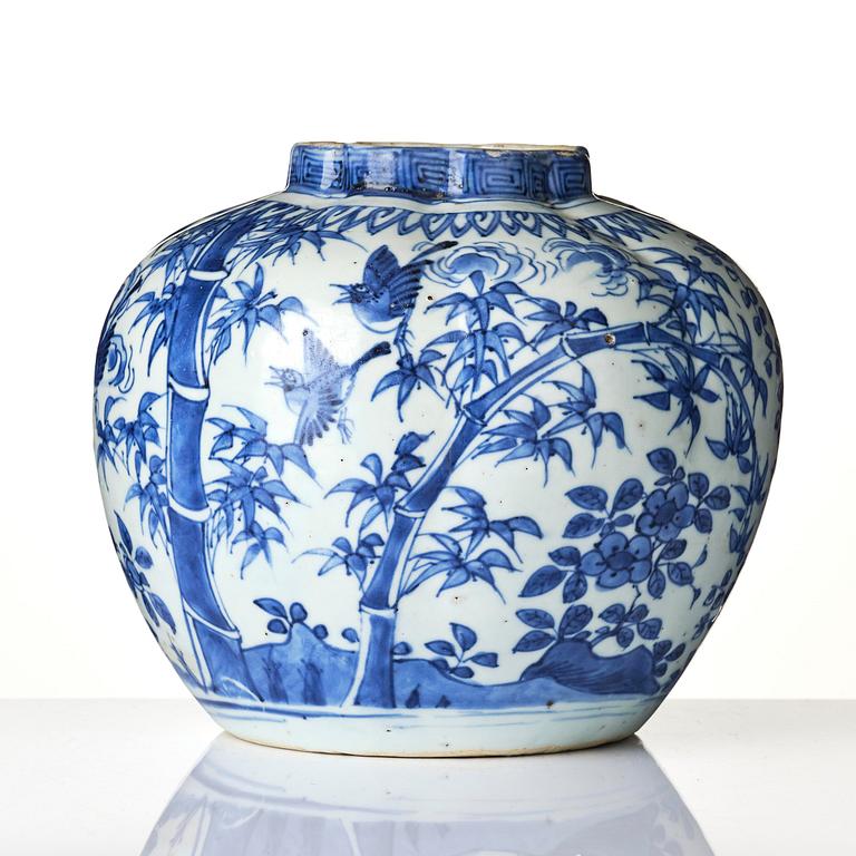 A blue and white melon shaped 'three friends of winter' jar, Ming dynasty, Wanli (1572-1620).