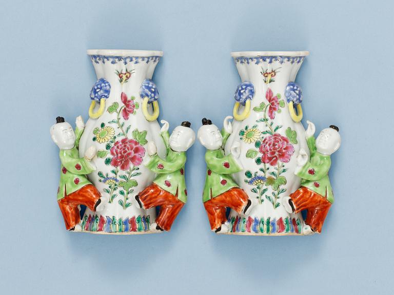 A pair of famille rose wall vases, Qing dynasty, Qianlong (1736-95).