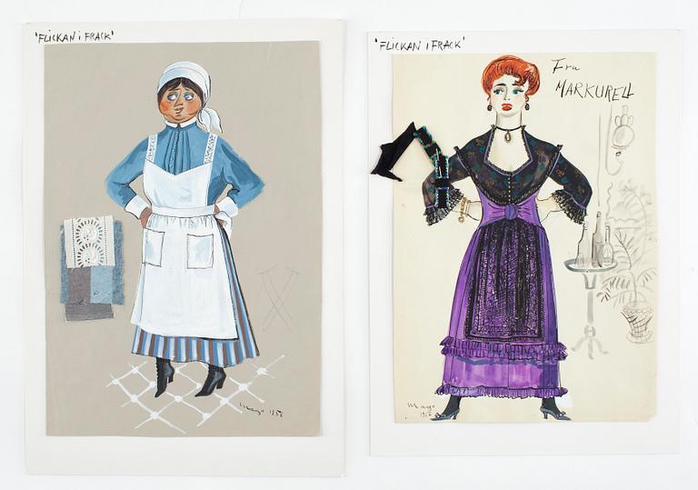 MAX GOLDSTEIN, kostymteckningar, "Flickan i frack", cirka 15 st, varav vissa sign o dat 1956.