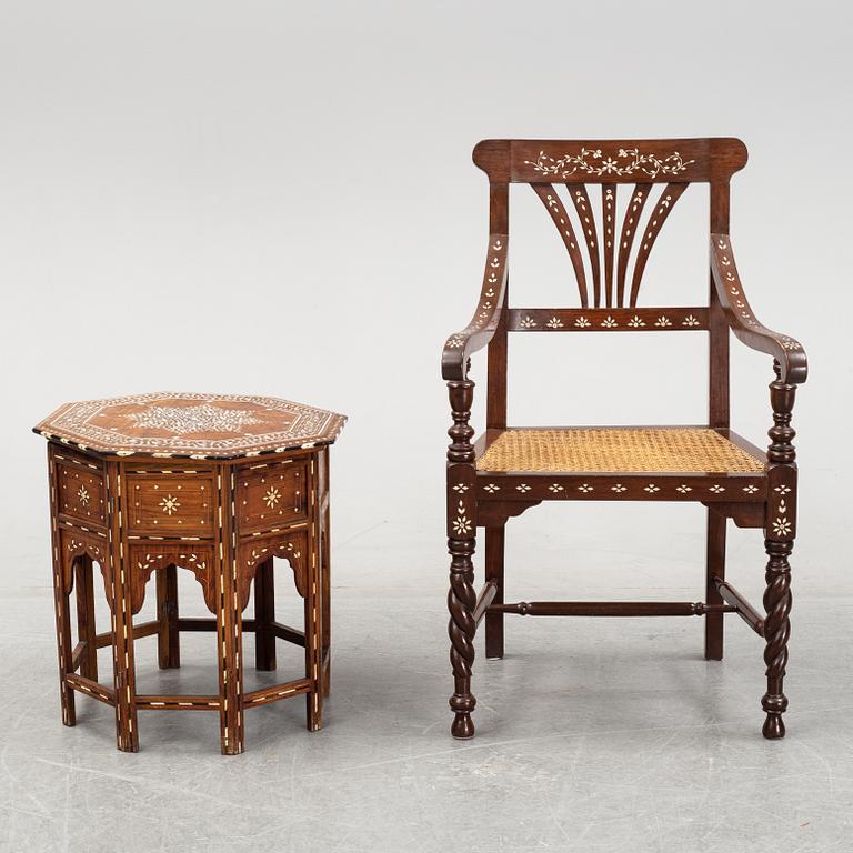 A Middle-Eastern occasional table and armchair, 20th Century.