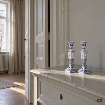 Royal Copenhagen, Candlesticks, a pair, porcelain, "Musselmalet", Denmark, 1935–1936 & 1980–1984.