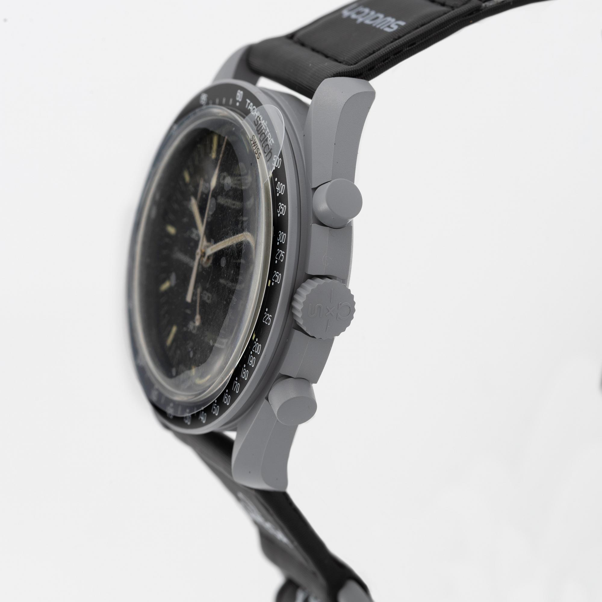 Swatch/Omega, MoonSwatch, Mission to the Moon, chronograph, wristwatch, 42 mm.