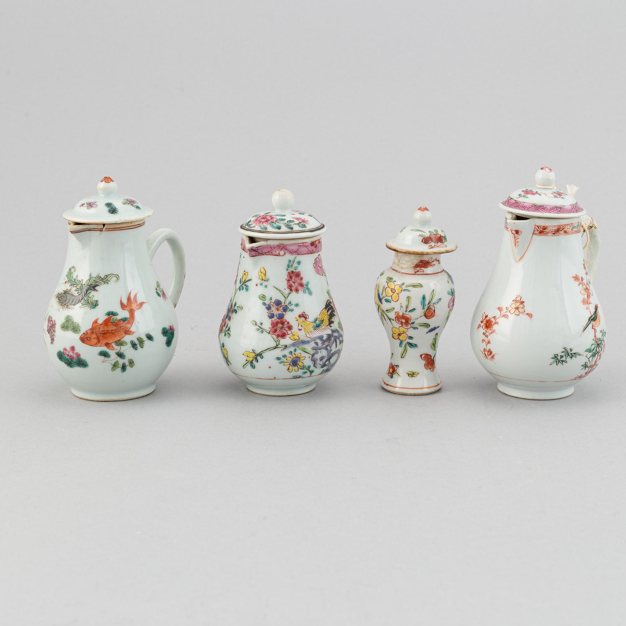 Three famille rose jugs with covers and a vase, Qing dynasty, Qianlong (1736-95).