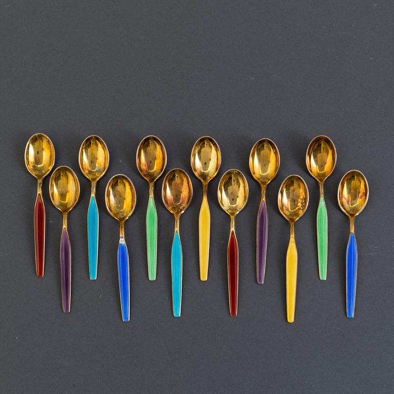 12 silver gilt and enamel coffee spoons from Norway, Swedish import marks.