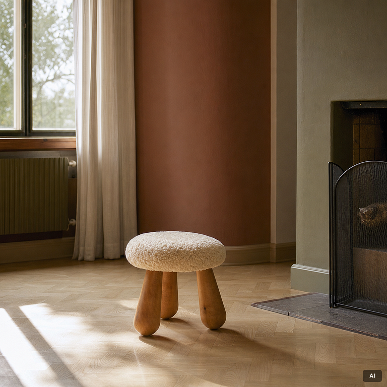 A contemporary stool with birch legs and new sheepskin upholstery.