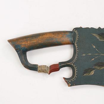 A painted traditional folk art flax knife, Trönö Hälsingland 1845.