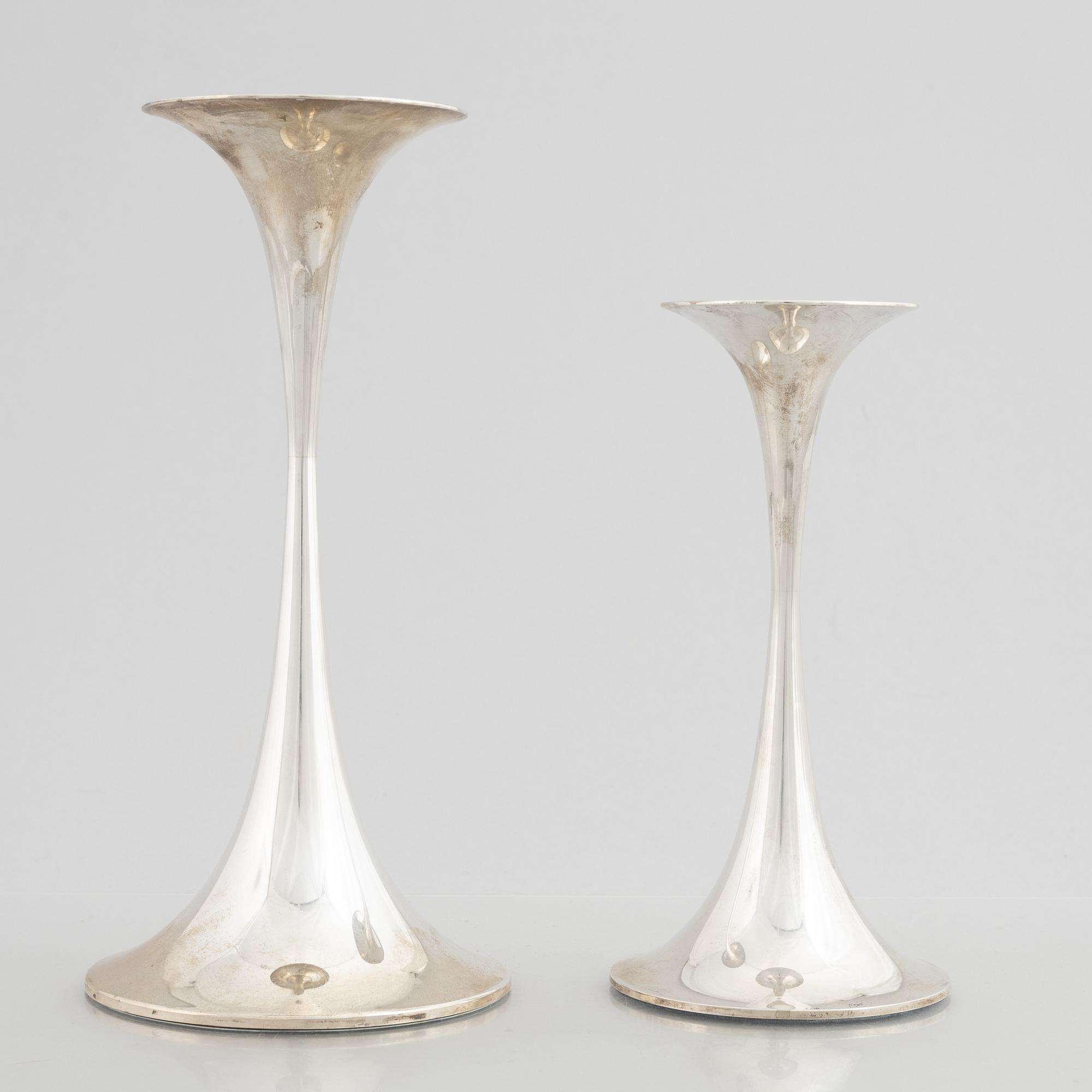 Two silver candlesticks, marks of Tapio Wirkkala, "Trumpetti", Kultakeskus, Tavastehus, Finland 2001.