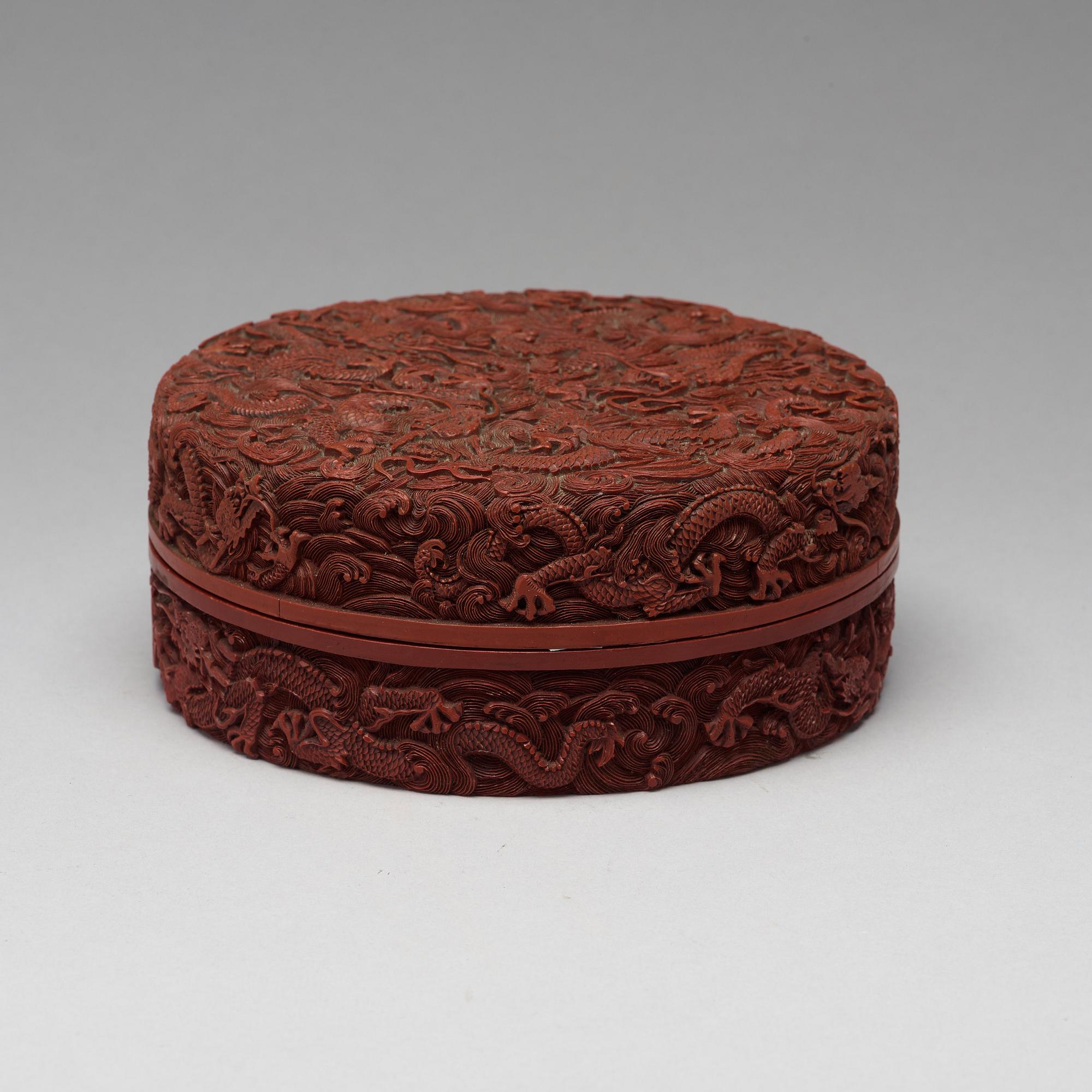 A red lacquer box with cover, Qing dynasty, with Qianlong six character mark.