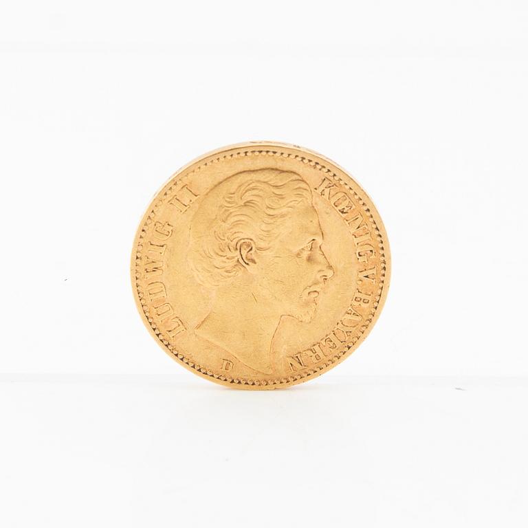 Gold coin 20 Mark 1873 German Empire (Bavaria) Ludwig II.