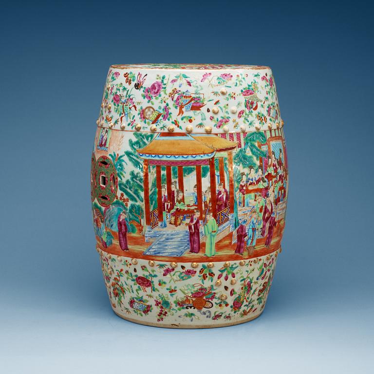 A Canton famille rose garden seat, late Qing dynasty.