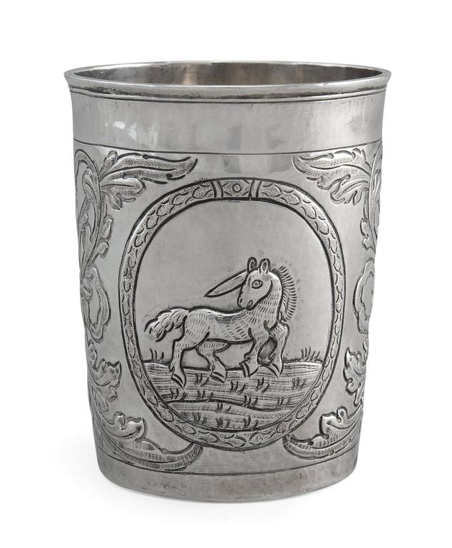 A BEAKER, silver. Masters mark worn. Alderman F. Petrov Moscow 1750 s. Weight 88 g.