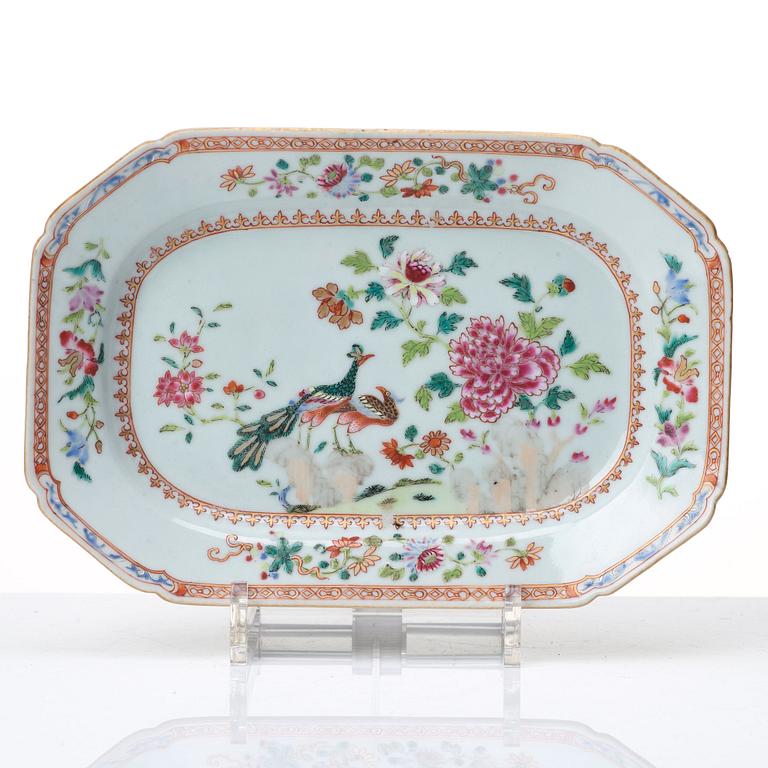 A pair of famille rose 'double peacock' serving dishes, Qing dynasty, Qianlong (1736-95).