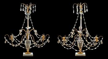 A pair of gilt bronze and glass two-light girandoles, Russia 18th/19th century.