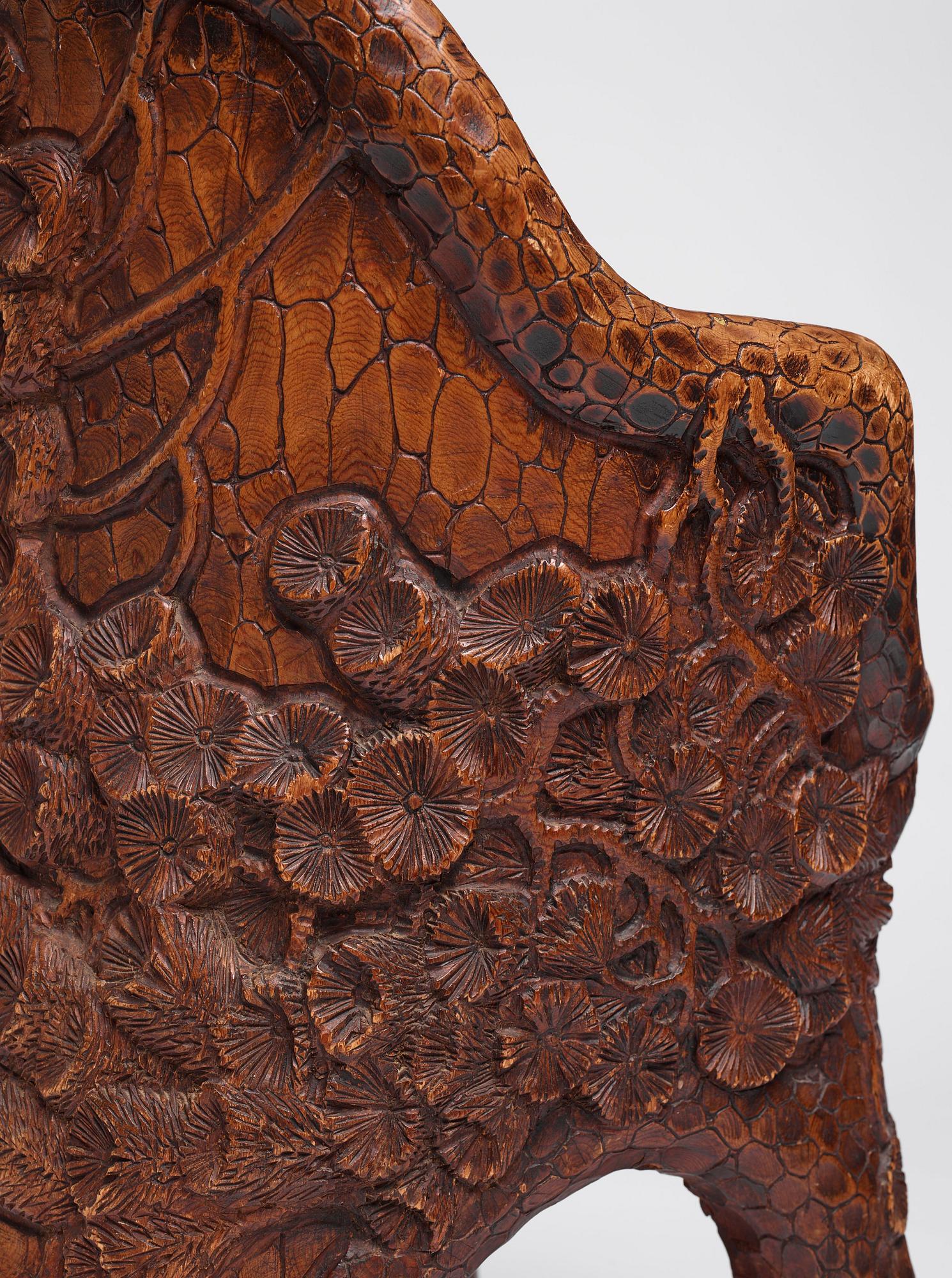 Gustaf Fjaestad, a sculpted Art Nouveau carved pine 'Stabbestol', Värmland, Sweden 1903.