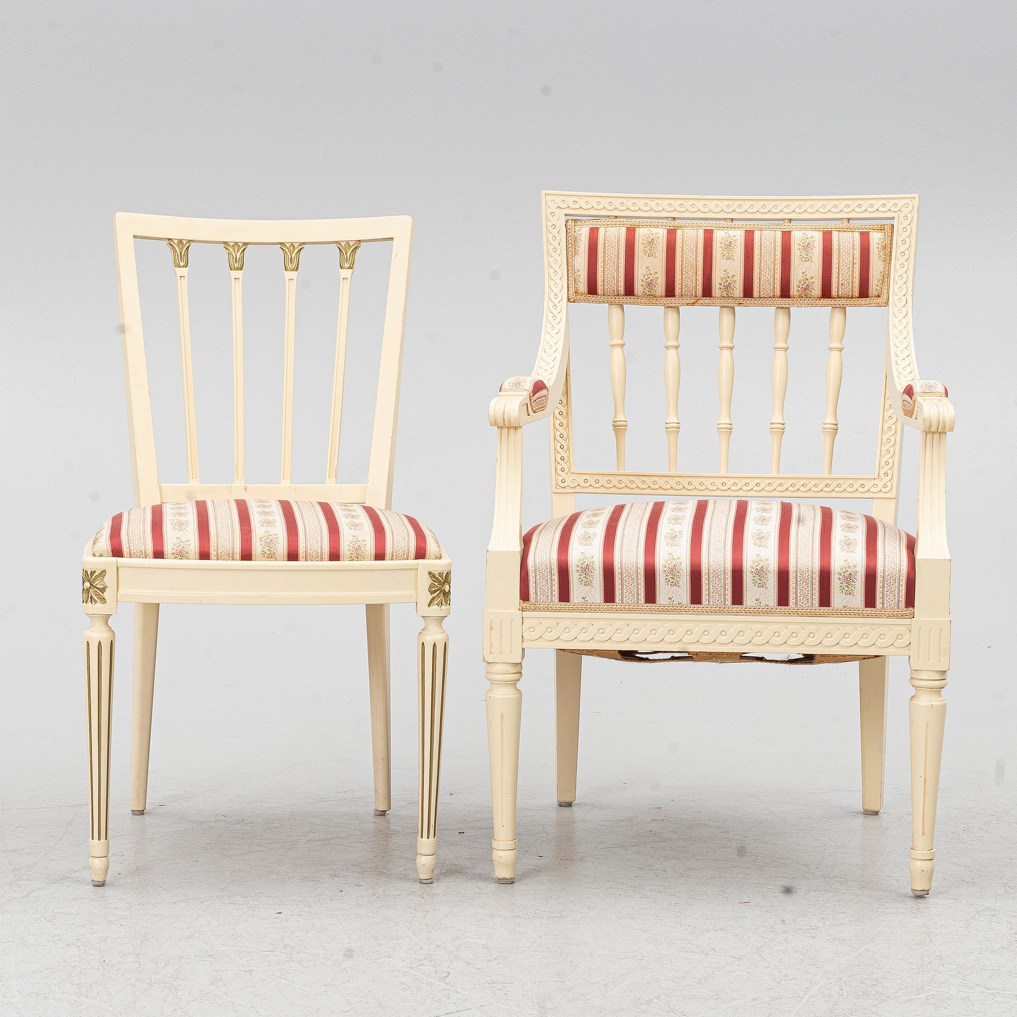 A dining group, 9 pieces, Gustavian style, second half of the 20th century.