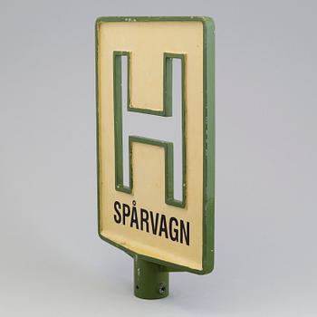 An aluminium tram stop sign, mid 20th Century.