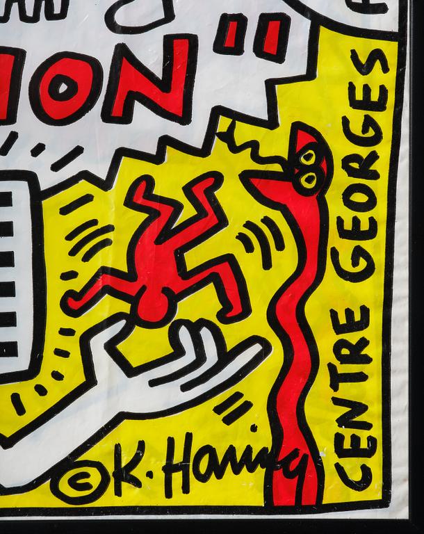 Offset bag in plastic from Keith Haring's exhibition at the Centre Pompidou, Paris, 1987.