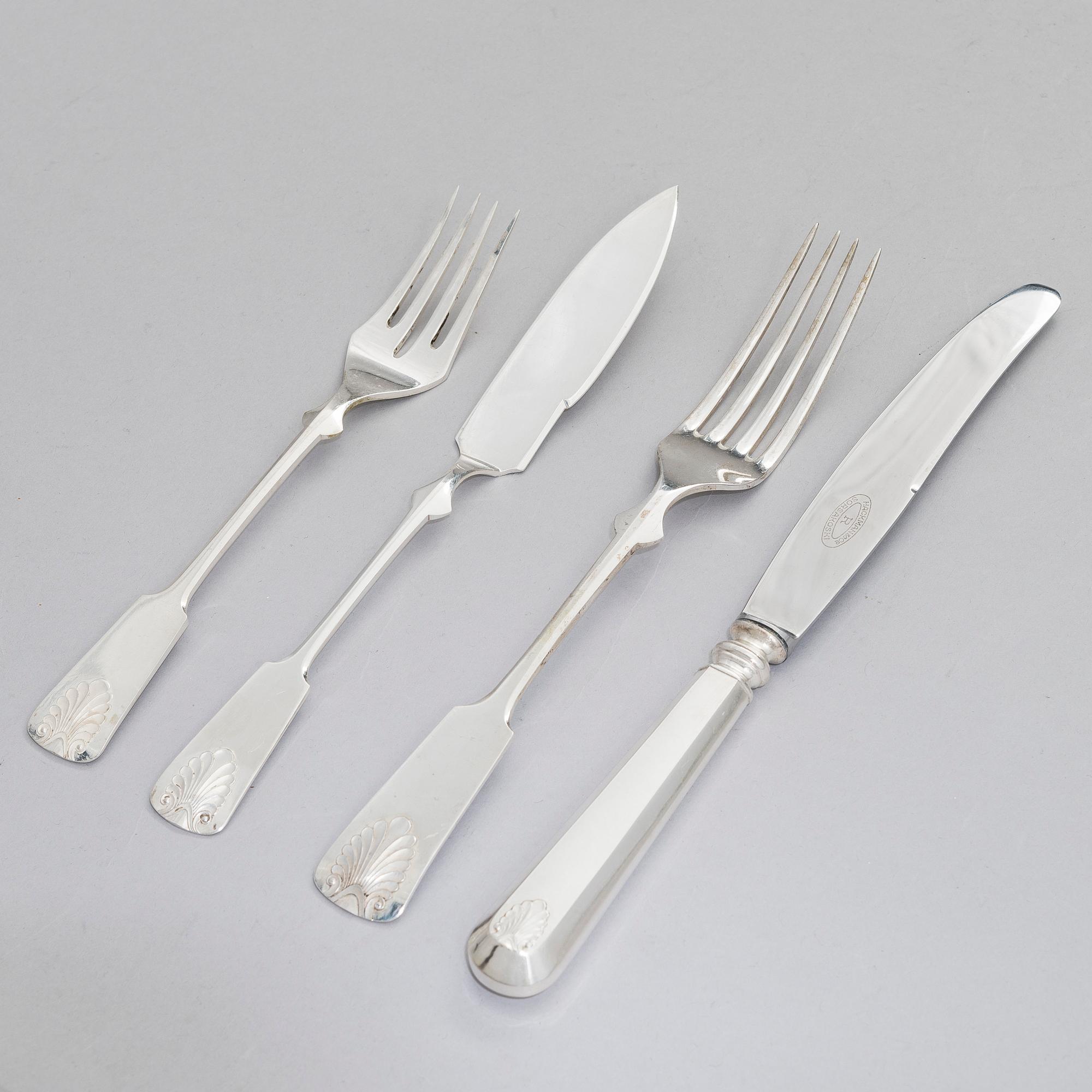 GÖSTA HELENIUS, bestickuppsättning, 48 delar, silver, "Musslan", Åbo 1919.