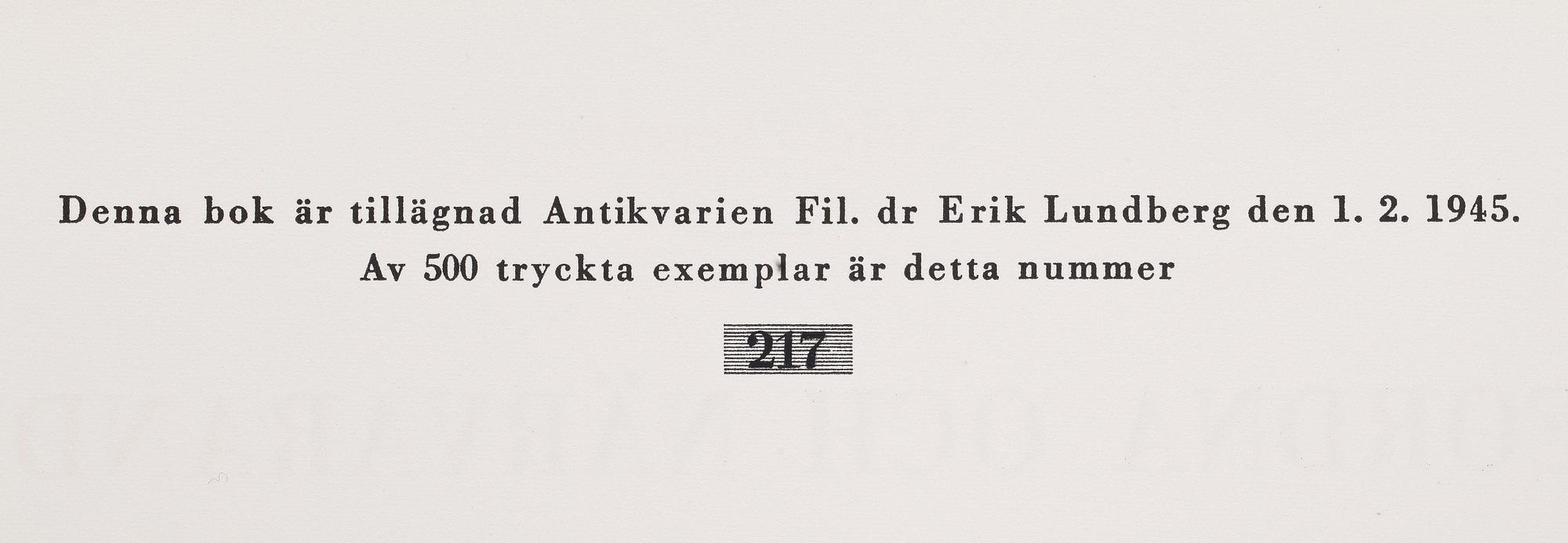 BOK, "Det fordna och närvarande Sverige", Stockholm 1946. Numr upplaga 217/500.