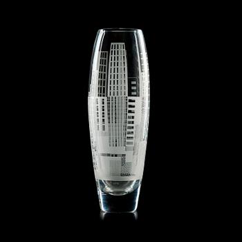 A Vicke Lindstrand etched and engraved glass vase vase, 'Manhattan', Kosta 1950's.