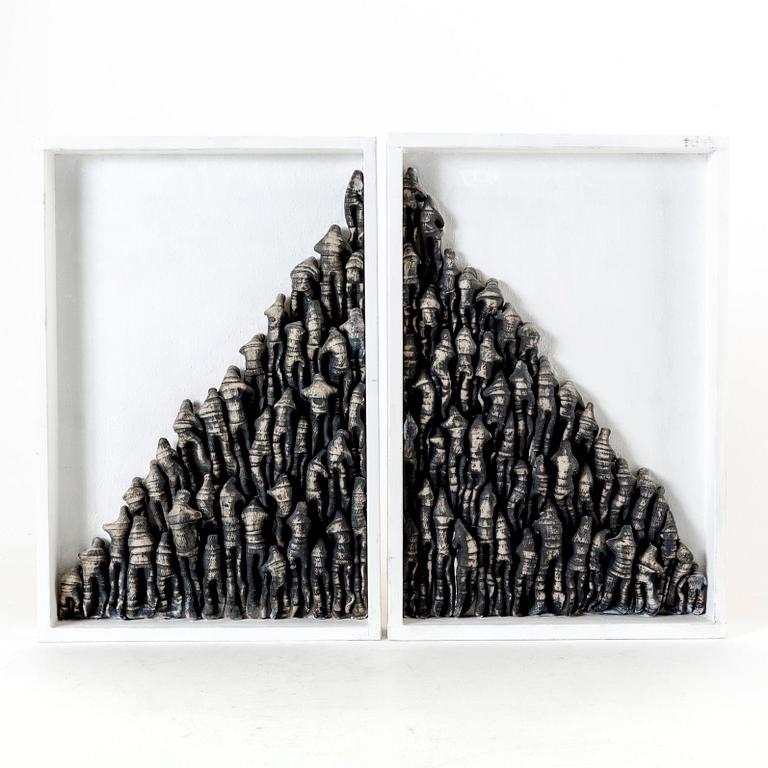 Ulla Viotti, a set of stoneware and wood wall reliefs.