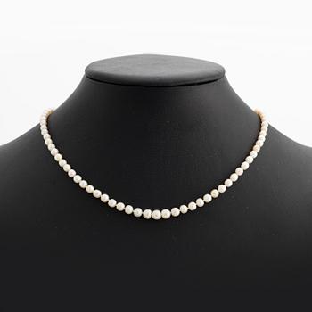 Pärlcollier med doserade pärlor, lås guld med smaragd och rosenslipade diamanter.