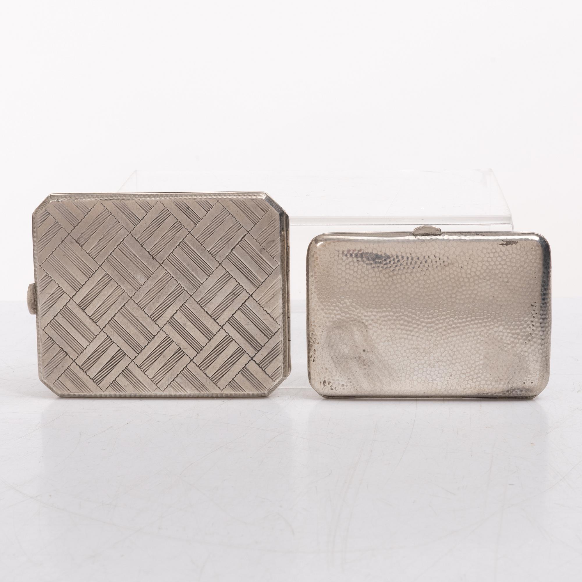 Seven silver boxes and cigarette cases, including with mark of Carl Fredrik Hultbom, Stockholm 1841.