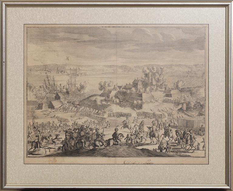 ROMEYN DE HOOGHE, The siege of Helsingborg in june 1676, copper engraving, 17th century latter part.