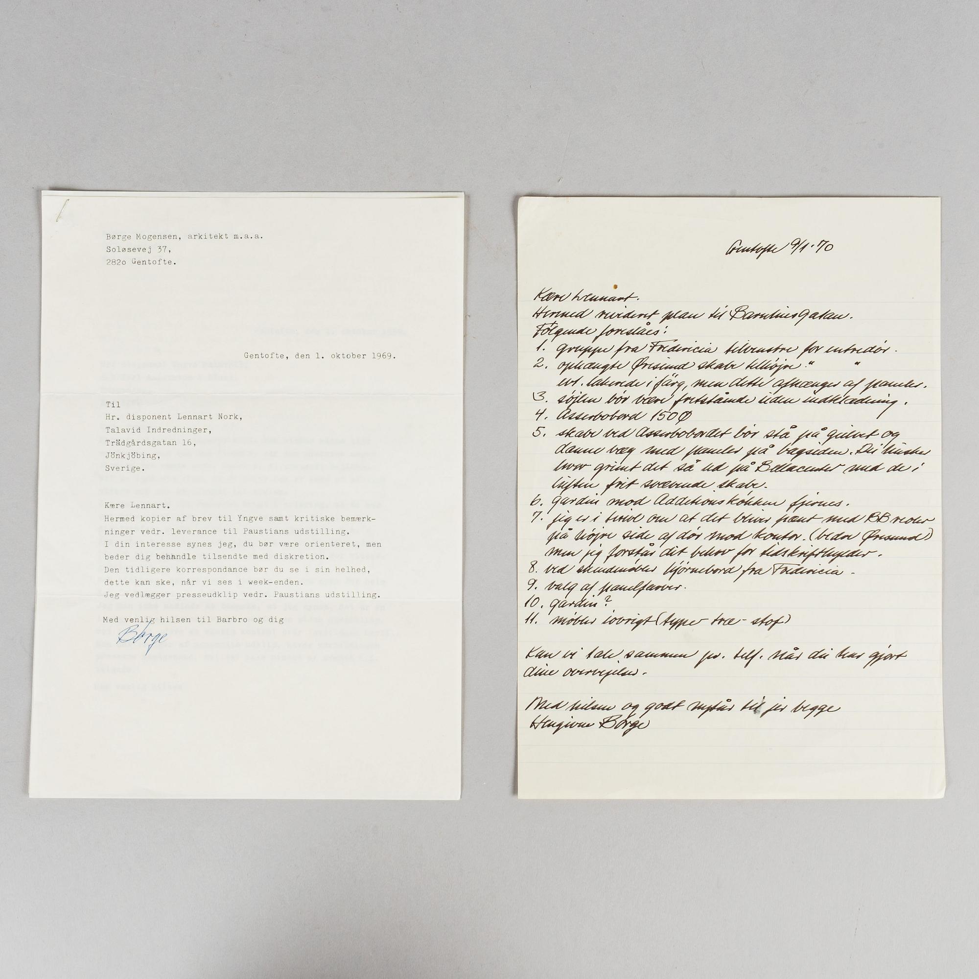 A collection of photos, drawings and correspondence related to interior designs by Børge Mogensen.