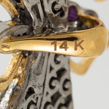 Brooch, in the form of a butterfly, silver and 14K gold set with emeralds, rubies, and princess-cut and octagonal-cut diamonds.