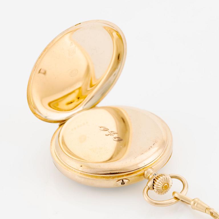 IWC, pocket watch, 14K gold, chain in 18K gold, 49 mm.