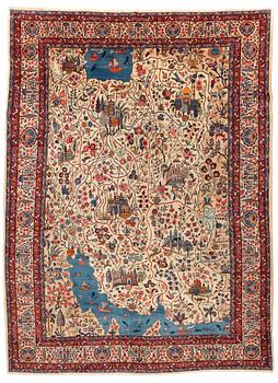 A carpet, semi-antique, Mashad, figural, ca 402 x 298 cm.