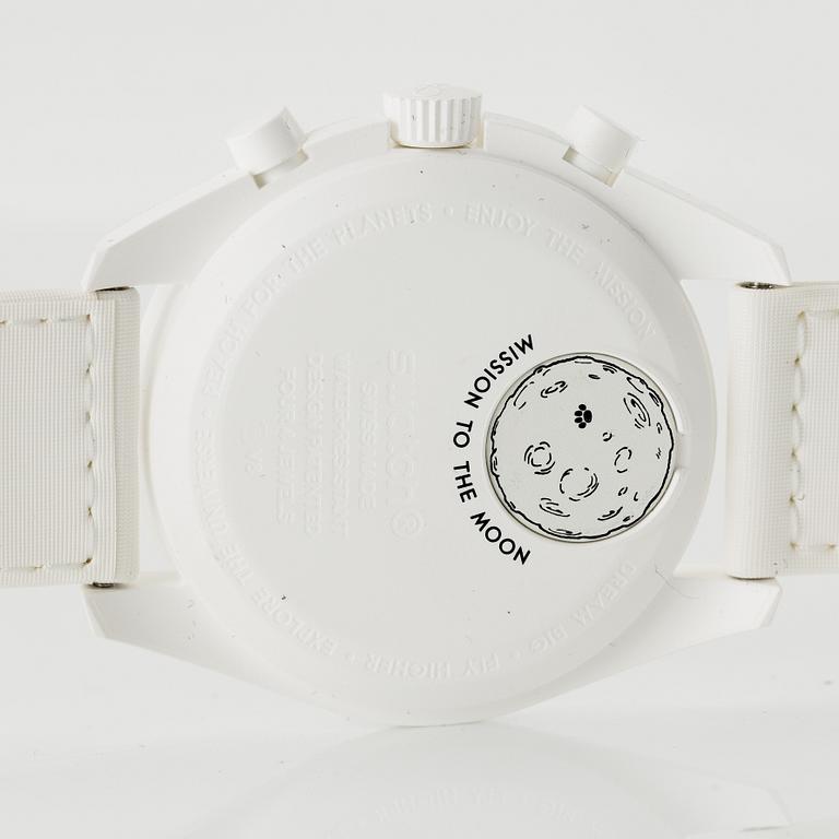 Omega/Swatch, MoonSwatch, "No Reserve", Mission to the MoonPhase, "Snoopy", kronograf, armbandsur, 42 mm.