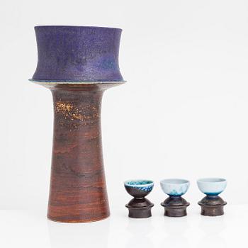 Liisa Hallamaa, a ceramic vase and three candleholders, signed LH Arabia.