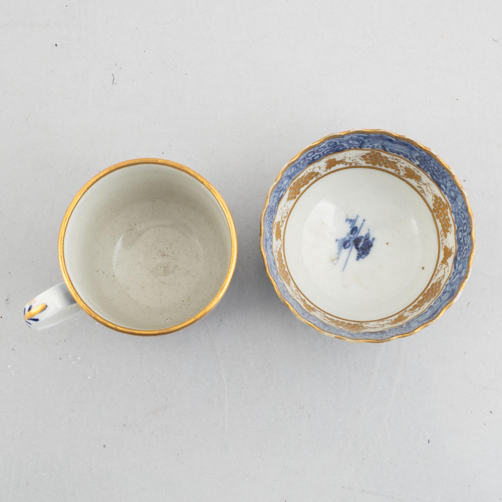 Three small porcelain plates and a cup with saucer, China, 18th century, and an English 19th century cup with saucer.