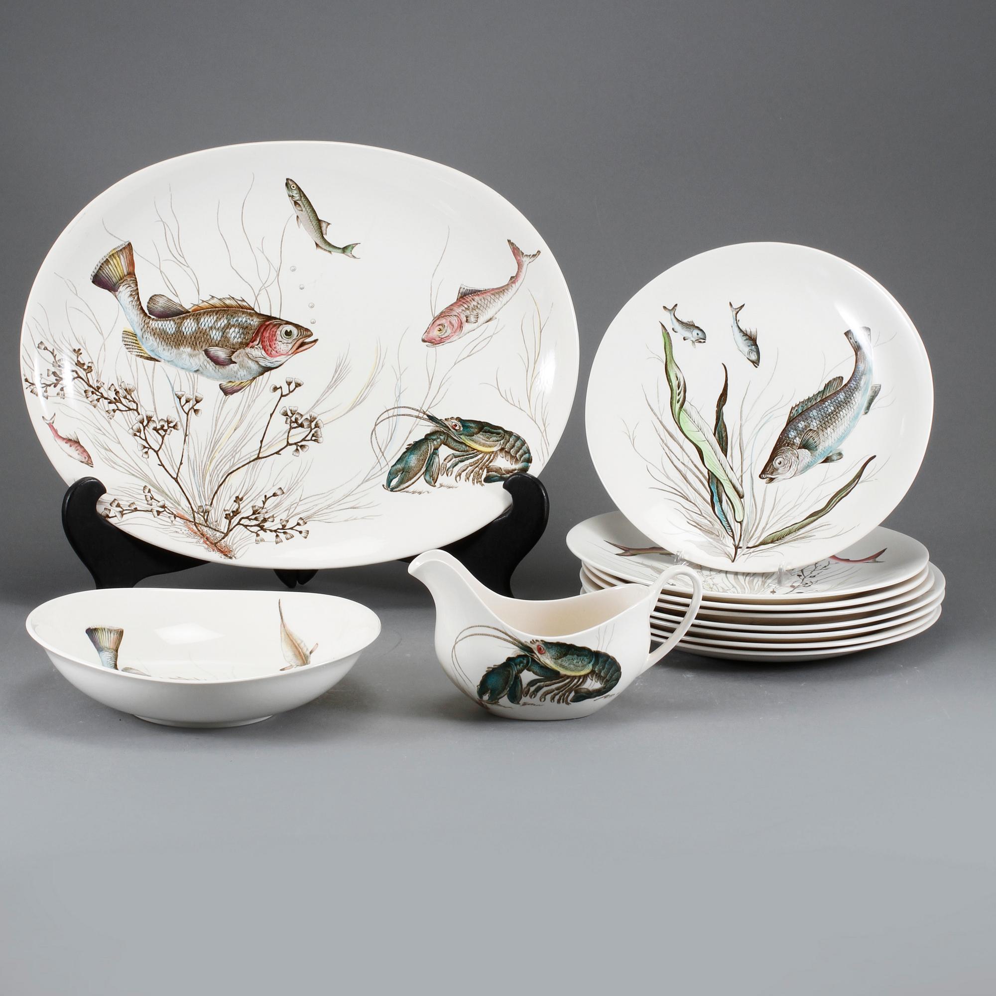 FISKSERVIS, 11 delar, flintgods, "Fish", Johnson Bros, England, 1900-talets andra hälft.