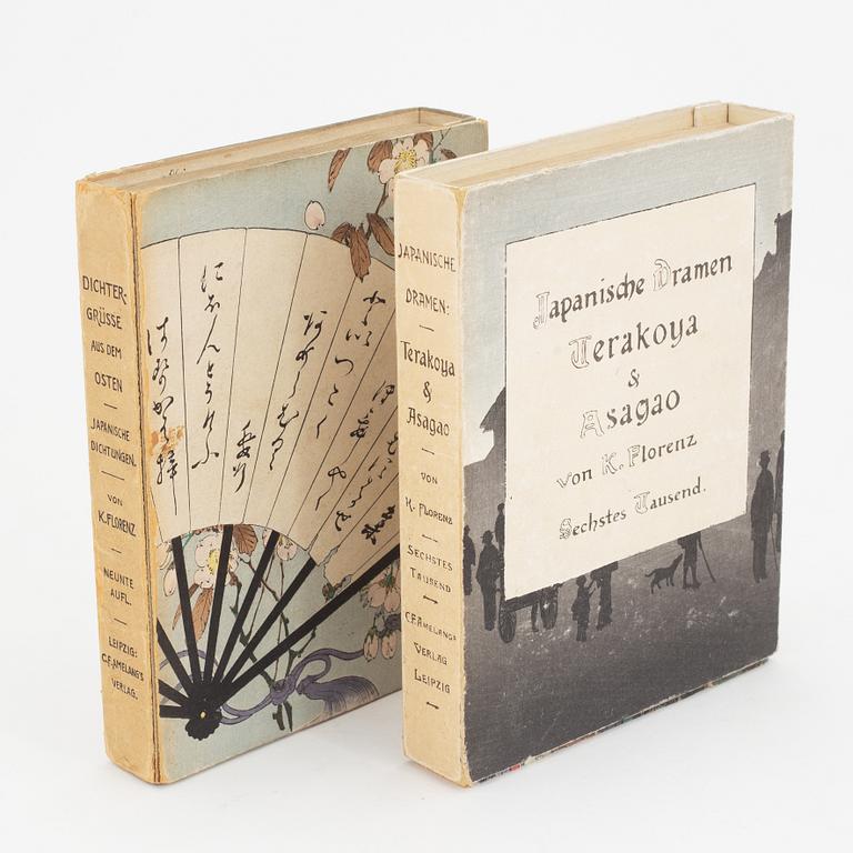 Japanese poems and dramas with woodblock print illustrations, 2 vol, dated 1906 and 1911.
