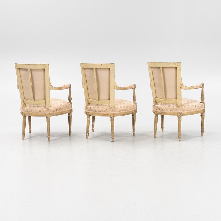 Three Louis XVI armchairs, France, late 18th century.