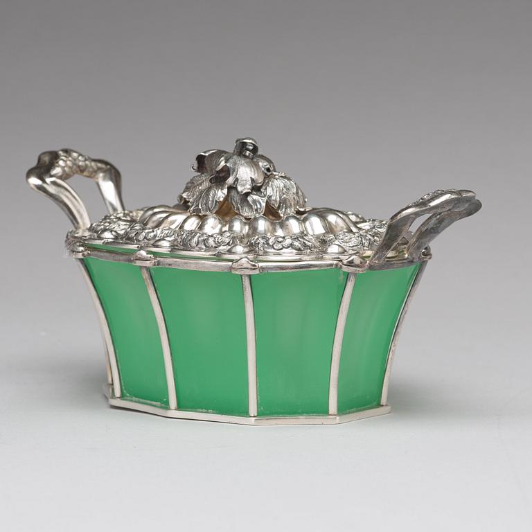 An Austrian mid 19th century silver and green glass bowl and cover on dish, un identified makers mark, Vienna 1845.